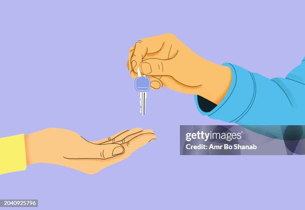 close up real estate agent giving new house keys to client - house key stock illustrations