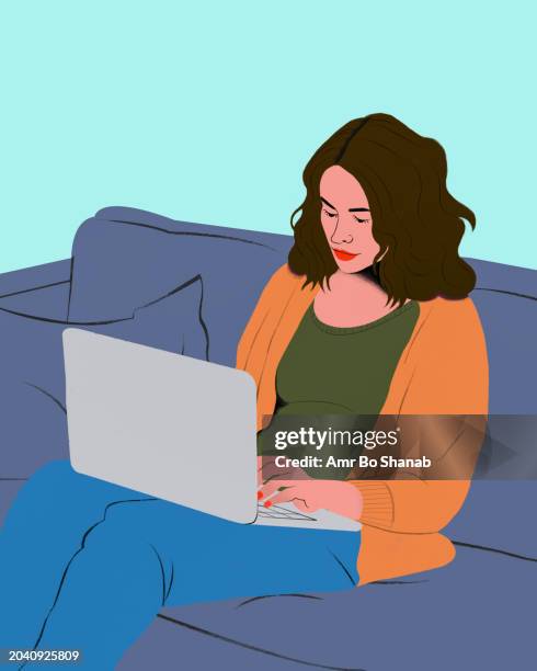 young woman working from home at laptop on living room sofa - computer software stock illustrations