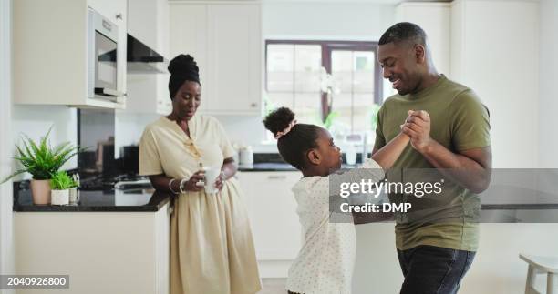 kitchen, dancing or black family kid, father and papa care, trust or teaching performance, home practice or fun bond. dancer, love or happy man, dad and child support, learning steps and helping girl - dance routine stock pictures, royalty-free photos & images