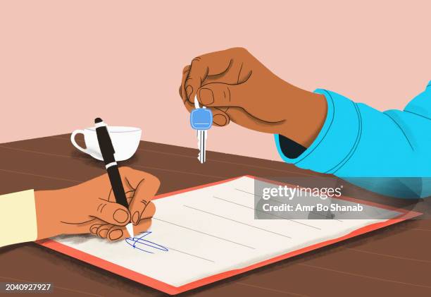 close up real estate agent giving new house keys to client signing contract - endorsing stock illustrations