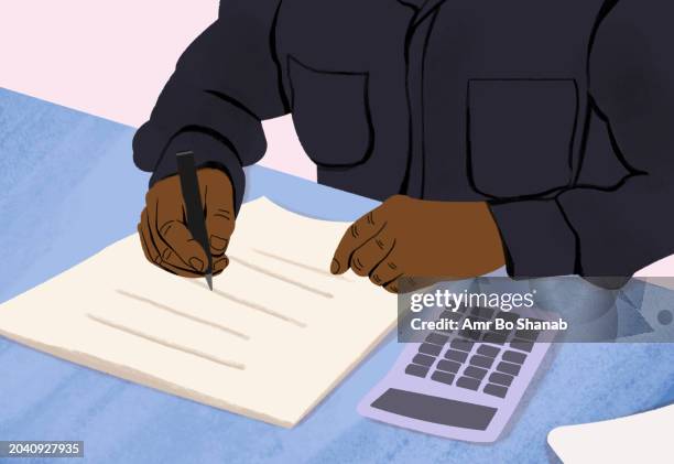 close up man with calculator doing paperwork - commercial activity stock illustrations