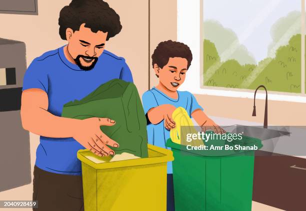 eco-friendly father and son composting in bins in kitchen at home - family house stock illustrations