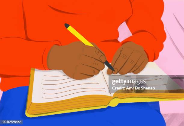 ilustrações de stock, clip art, desenhos animados e ícones de close up female student with pen reading book, studying - jovens estudando