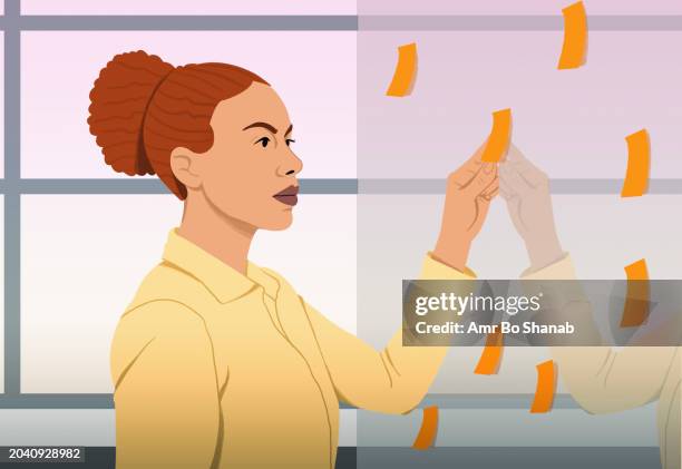 businesswoman with adhesive notes planning in office - brainstorming stock illustrations