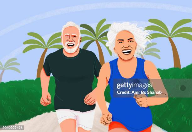 portrait happy, energetic senior couple jogging in park - active adult community stock illustrations