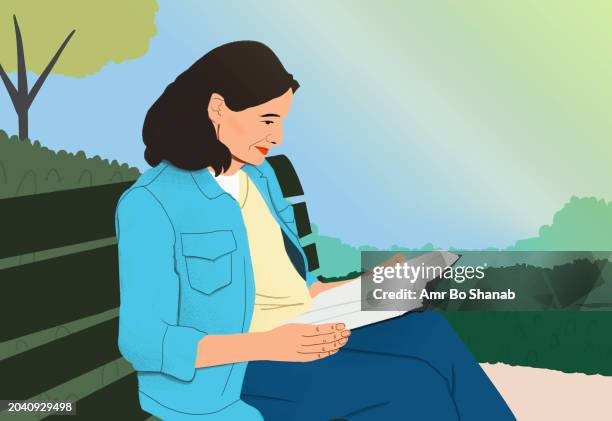 woman relaxing, reading book on bench in park - home exterior stock illustrations