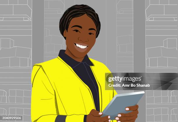 portrait smiling, friendly businesswoman with digital tablet - computer software stock illustrations