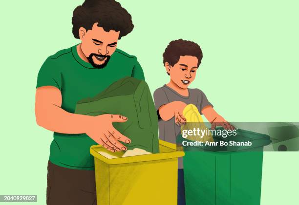 eco-friendly father and son composting together in green bins - fertilizer stock illustrations
