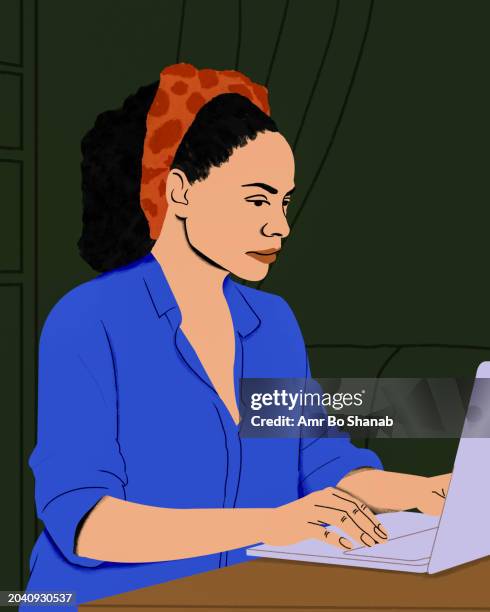 focused woman working from home at laptop - dinner table setting stock illustrations