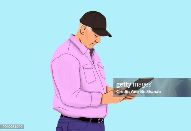 senior man in baseball cap using digital tablet - pensionierung stock-grafiken, -clipart, -cartoons und -symbole