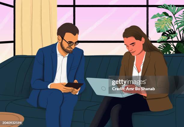 business people with digital tablet and laptop meeting, working on sofa - colleague stock illustrations