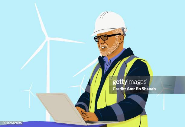 male engineer with laptop working at wind turbine farm - protective workwear stock illustrations