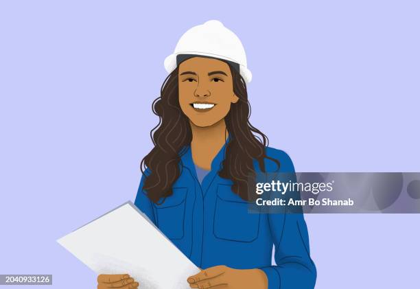 portrait smiling, confident female engineer in hard hat - one woman only stock illustrations