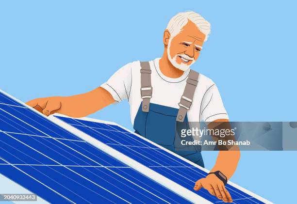 stockillustraties, clipart, cartoons en iconen met smiling male engineer installing solar panels - standing on one leg
