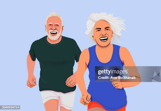 illustrations, cliparts, dessins animés et icônes de portrait happy, active senior couple jogging - mode de vie actif