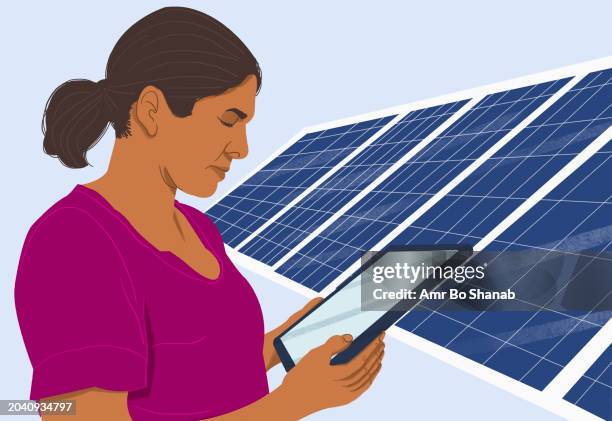 woman with digital tablet standing at solar panels - industrial building stock illustrations