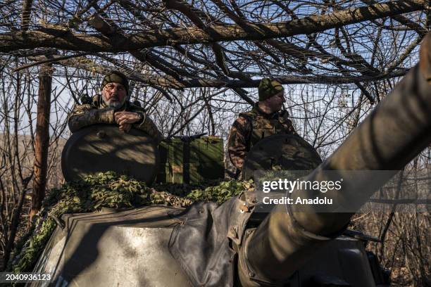 Ukrainian soldiers on duty in their fighting position with artillery, heading towards Kupiansk as the war between Russia and Ukraine continues in...