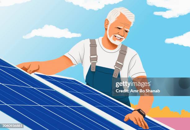 smiling male engineer installing solar panel - professional stock illustrations