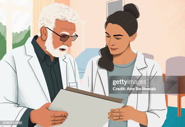 stockillustraties, clipart, cartoons en iconen met doctors consulting, reviewing x-rays in hospital - medische artikelen