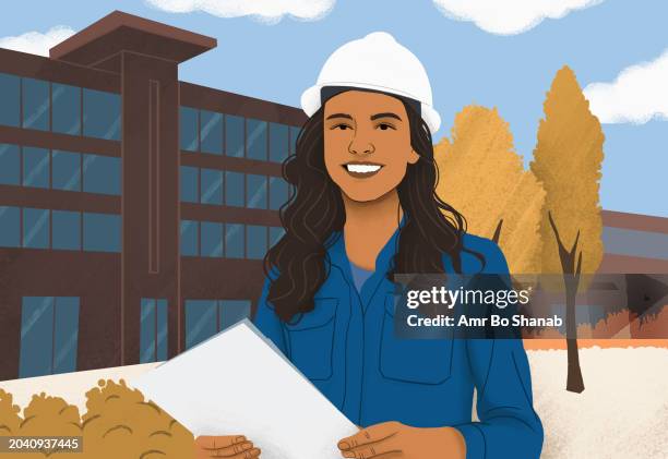 portrait confident female engineer in hard hat outside building - paperwork stock illustrations