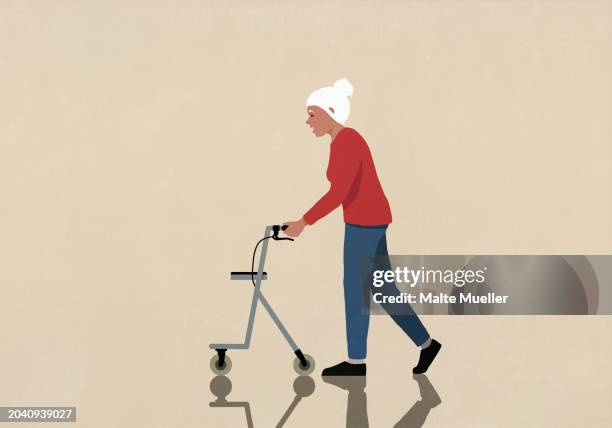 active senior woman walking with mobility walker - hair bun stock illustrations