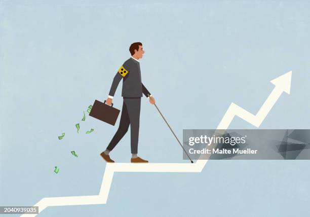 blind businessman investor navigating investment chart arrow - stock exchange stock-grafiken, -clipart, -cartoons und -symbole