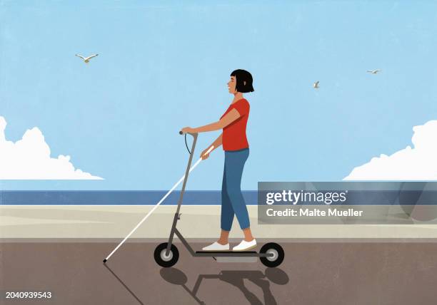 blind woman with walking cane riding electric scooter on boardwalk along sunny summer ocean beach - blindness stock illustrations