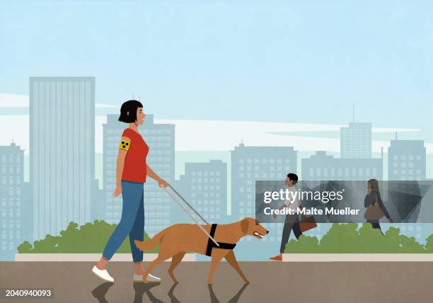 blind woman walking with seeing eye dog in sunny city - city stock illustrations