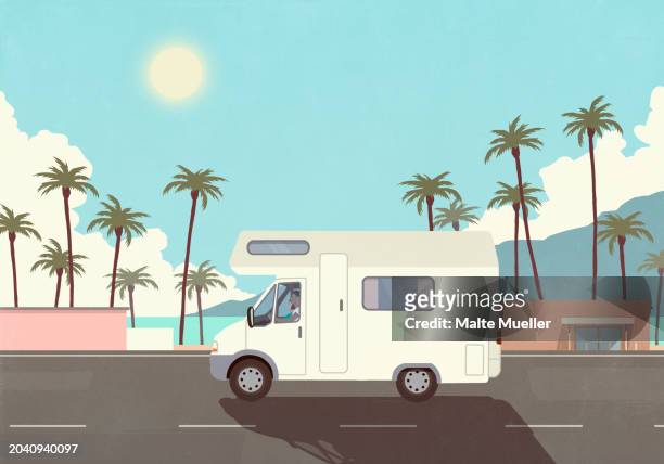 stockillustraties, clipart, cartoons en iconen met man on vacation driving rv along sunny palm trees and ocean - palm sunday