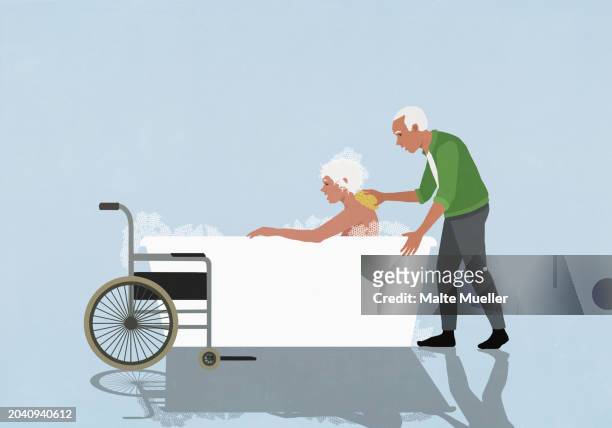 caring senior husband helping disabled wife bathing in bubble bath - senior men stock illustrations