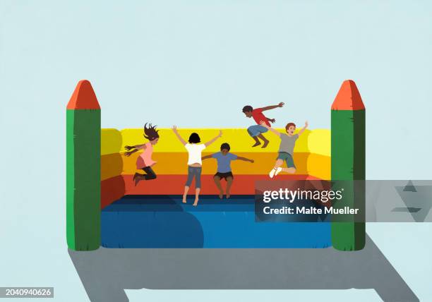 happy, carefree kids playing, jumping in bouncy castle - values stock illustrations