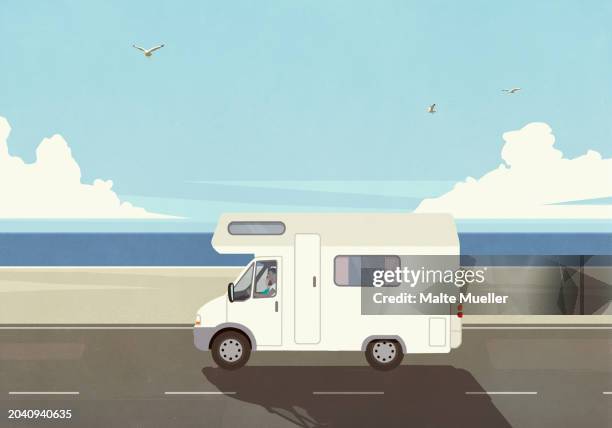 man on vacation driving camper along sunny, summer ocean beach - motor home stock illustrations