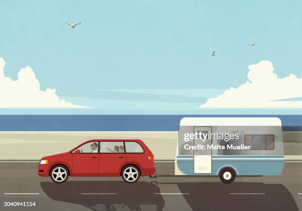 family on vacation in car pulling camper trailer along sunny summer ocean beach - car road trip stock illustrations