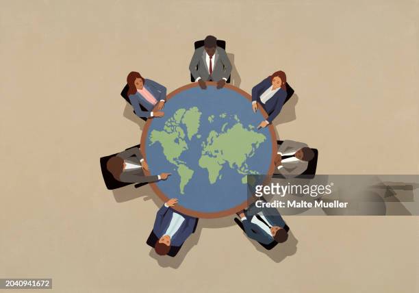 business leaders meeting around round globe table - globe navigational equipment stock illustrations