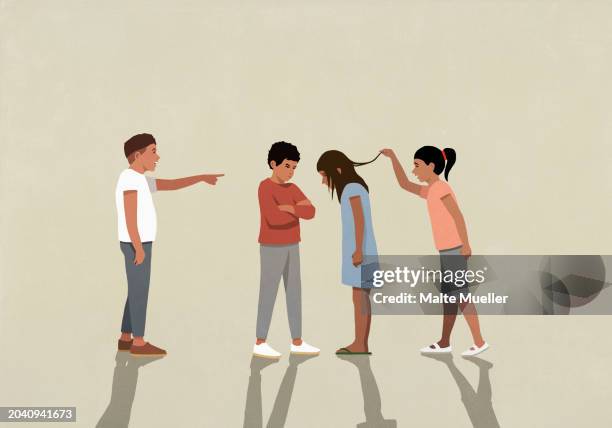 kids bullying, picking on vulnerable girl - bullying children stock illustrations