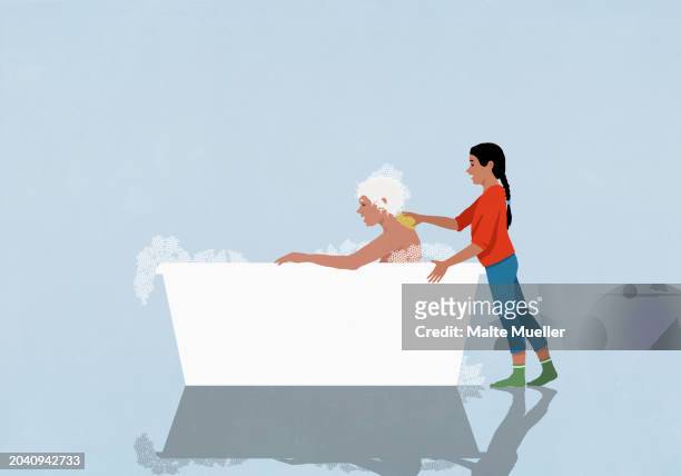 stockillustraties, clipart, cartoons en iconen met caring granddaughter helping senior grandmother bathe in bubble bath - senioren in bad