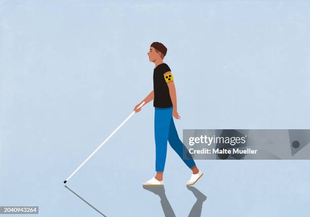 ilustrações, clipart, desenhos animados e ícones de blind man walking with walking cane on blue background - embrace