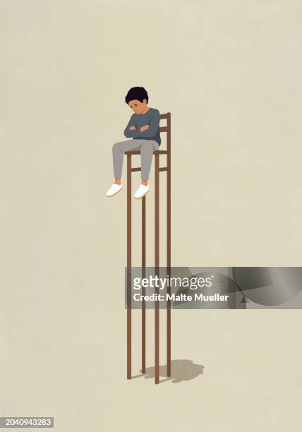 sad boy sitting, stuck in isolation on high stool - distraught stock illustrations
