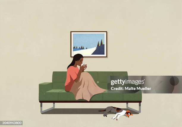 woman relaxing, curled up on sofa with blanket and tea, watching sleeping dog - einfaches leben stock-grafiken, -clipart, -cartoons und -symbole