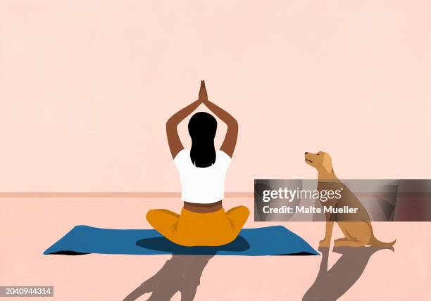 dog watching woman practicing yoga meditation on yoga mat - eskapismus stock-grafiken, -clipart, -cartoons und -symbole