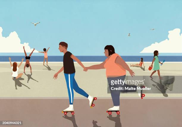 couple holding hands and roller skating on sunny summer ocean beach boardwalk - escape stock illustrations