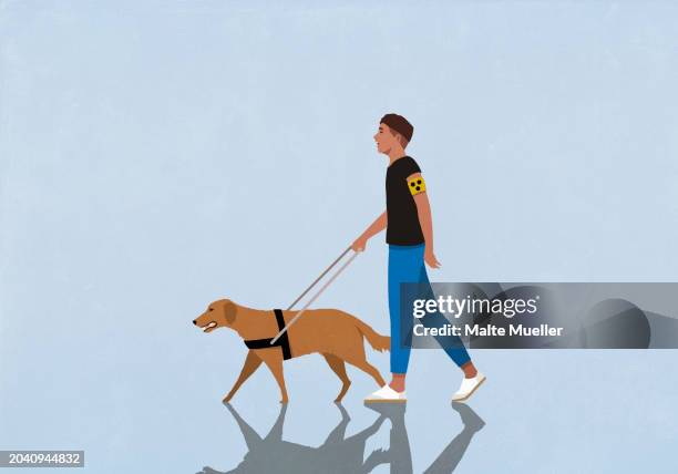 blind man walking with seeing eye dog on blue background - blindness stock illustrations