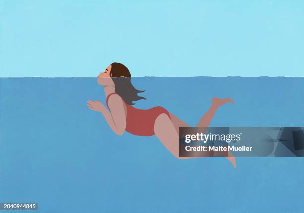 girl in bathing suit swimming with head above water - sunday stock illustrations