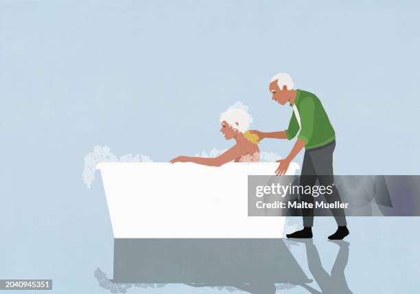 stockillustraties, clipart, cartoons en iconen met affectionate senior husband scrubbing wife's back in bubble bath - senioren in bad
