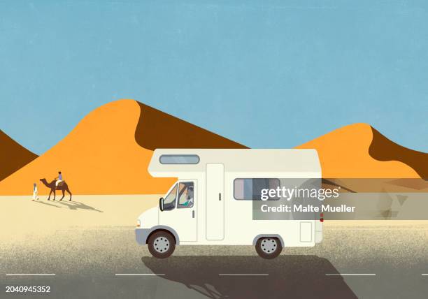 man on vacation driving rv along sand dunes in desert - sunday stock illustrations