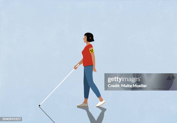 ilustrações de stock, clip art, desenhos animados e ícones de blind woman walking with walking cane on blue background - cegueira
