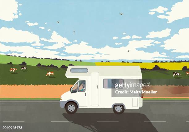 man on vacation driving camper on road along sunny, idyllic rural farmland - escape stock illustrations