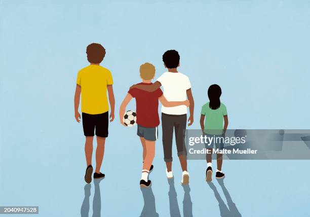 affectionate kid friends hugging and walking with soccer ball - fond stock illustrations