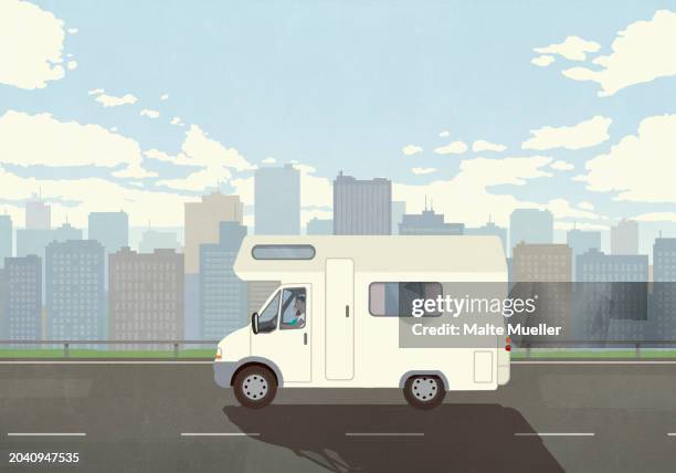 man on vacation driving camper on sunny road along cityscape - sunday stock illustrations