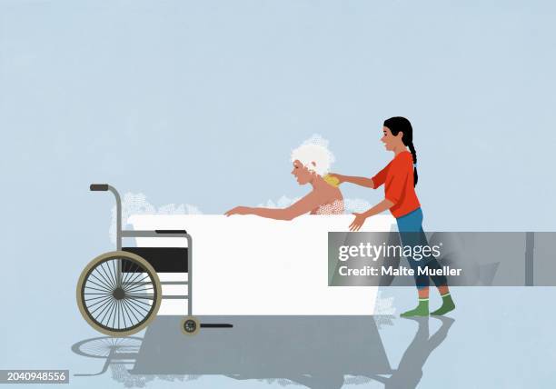 stockillustraties, clipart, cartoons en iconen met caring granddaughter helping disabled grandmother bathe in bathtub - senioren in bad